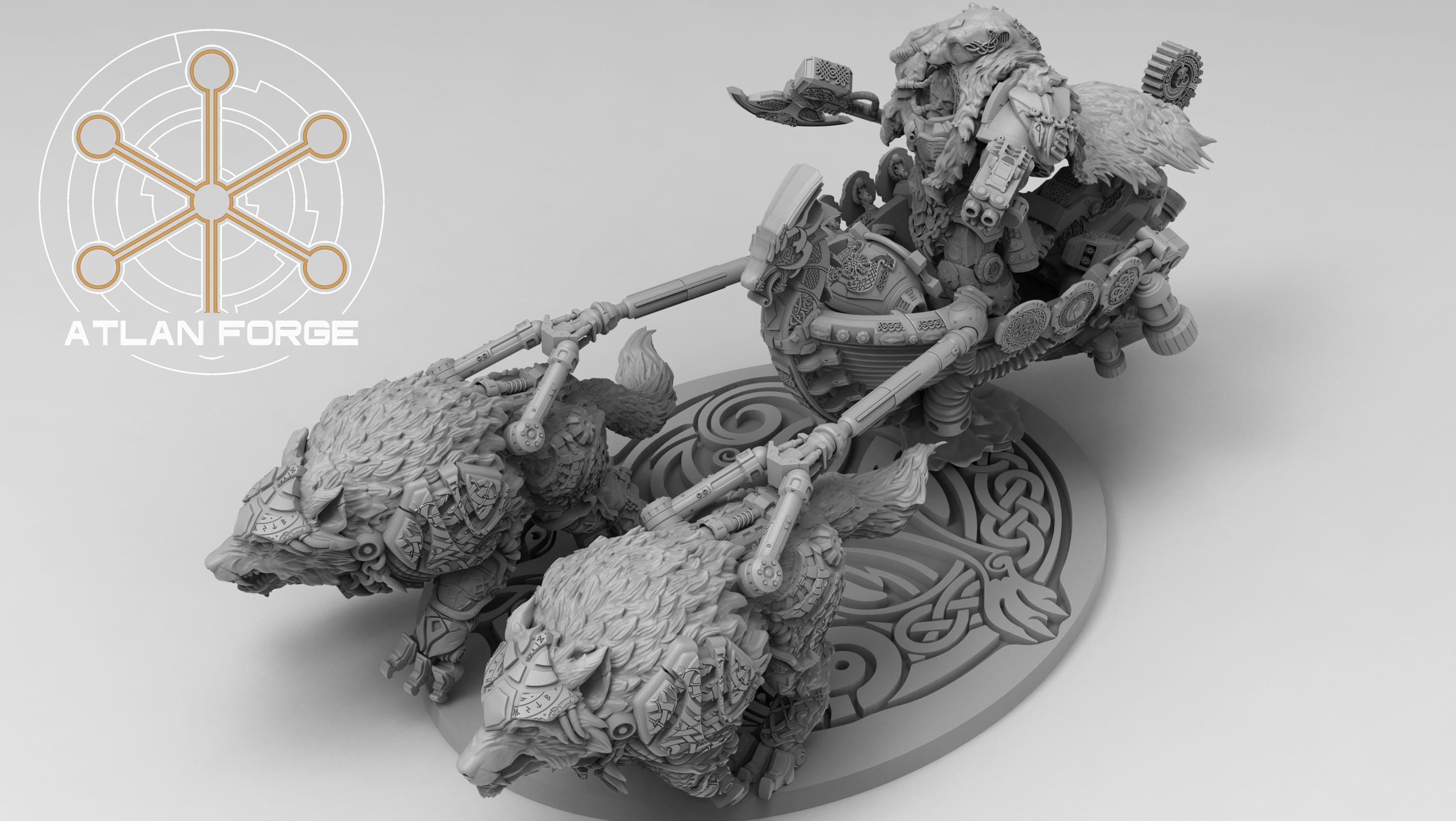 Asgardian Chariot Wolves 32mm miniature grimdark fantasy dnd wargaming miniatures dungeons and dragons painting gift RPG tabletop
