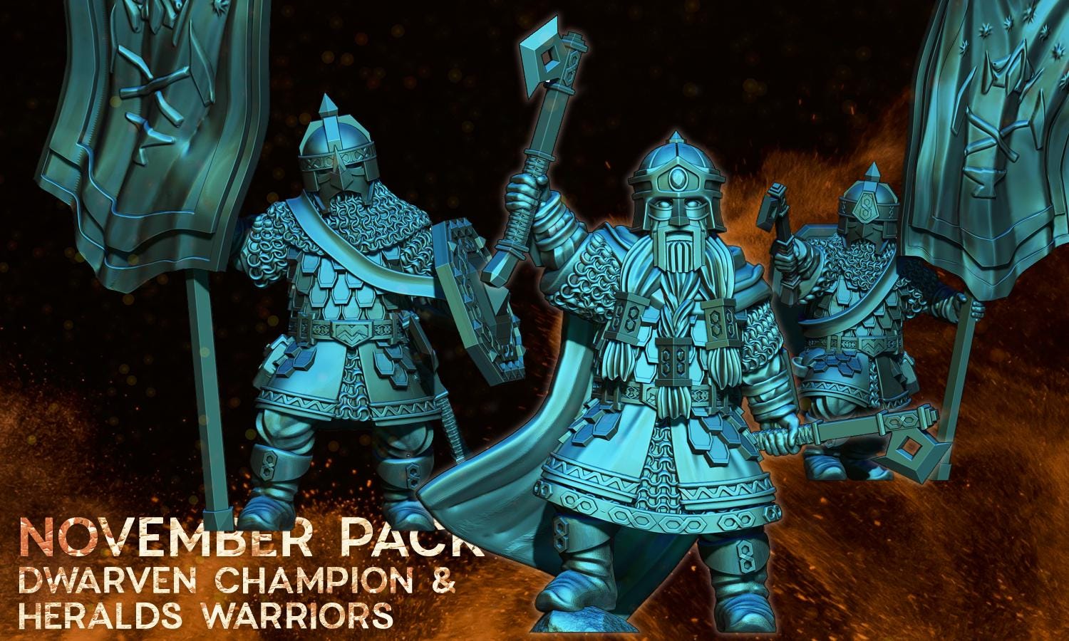 Exiled Dwarves champion and heralds warriors 28mm miniatures fantasy dungeons and dragons wargaming miniatures dwarf army miniatures