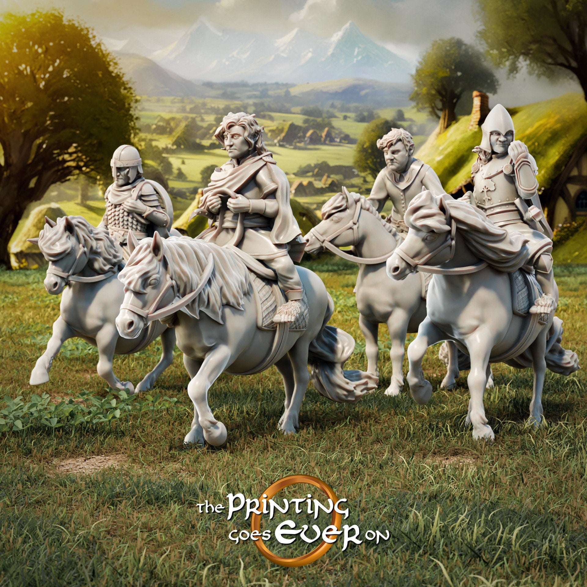 Halflings mounted fellowship mounted 28mm dnd miniature dungeon and dragons fantasy wargaming miniature tabletop wargame miniature painting