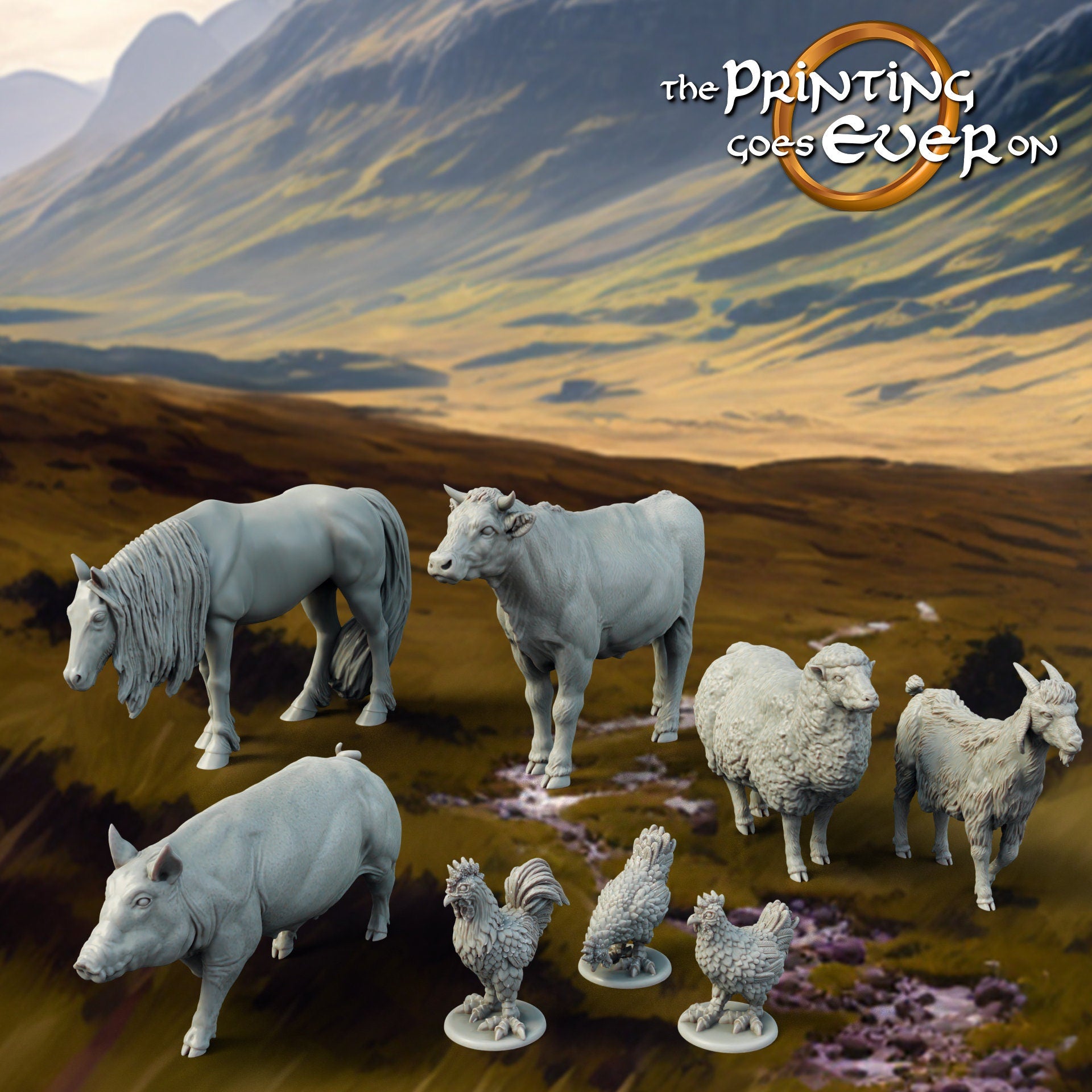 farm animals hen cow horse pig goat sheep dnd fantasy tabletop wargames 28mm
