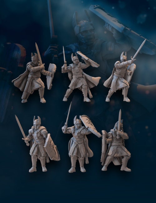 High human warriors with swords and shields fantasy tabletop wargames white city army miniatures