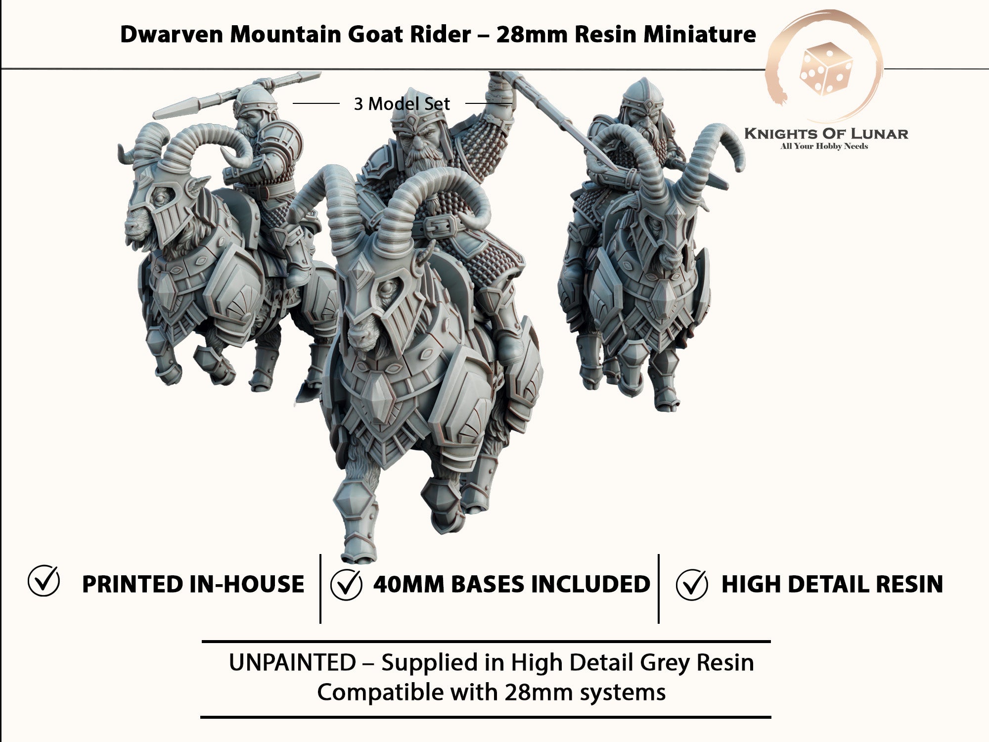 Dwarven Mountain Goat Riders 28mm Resin Miniatures – Steelvein Clan Fantasy Cavalry for DnD and Wargaming