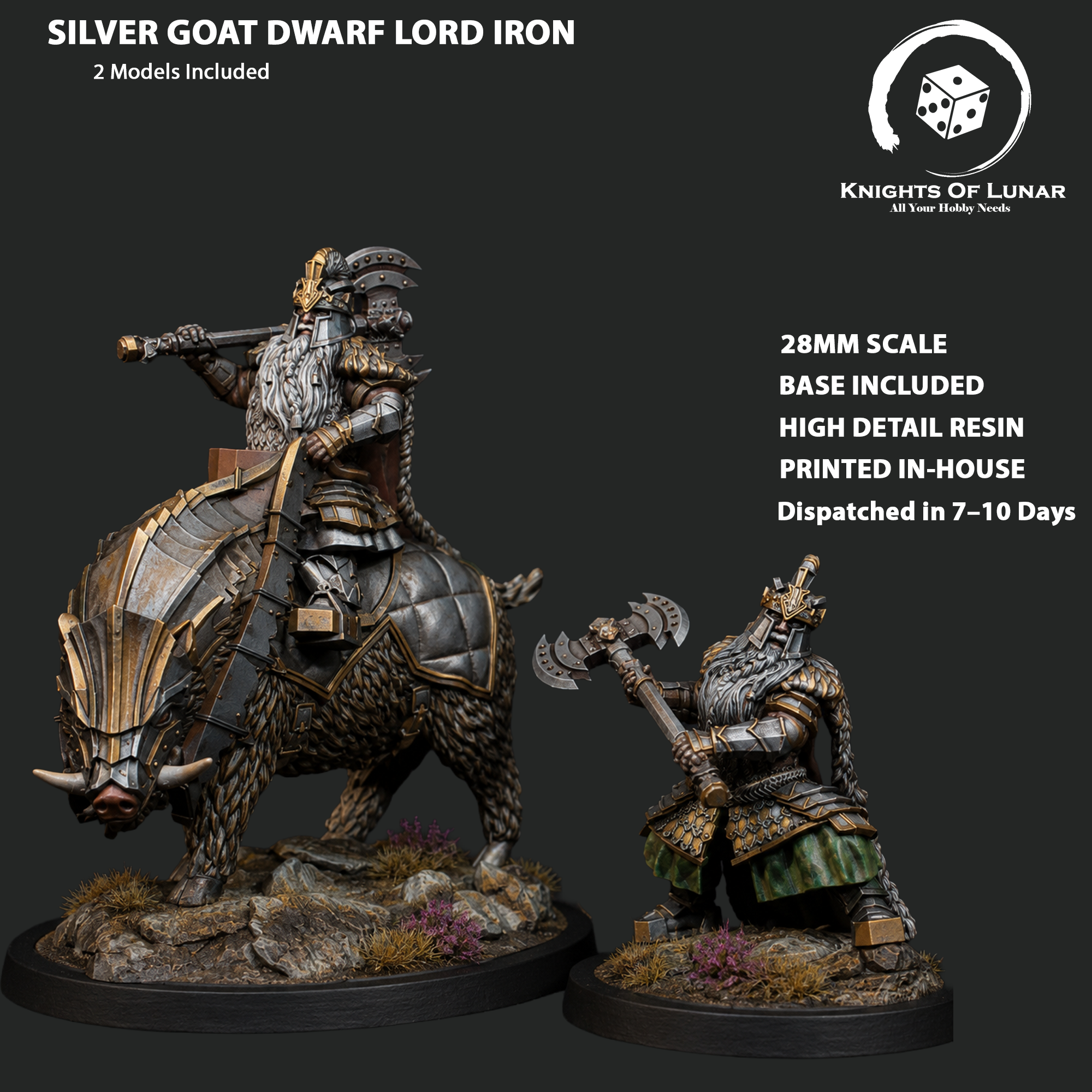 Silver Goat Lord Iron 28mm Resin Miniatures – Dwarf Commander for DnD and Fantasy Wargaming