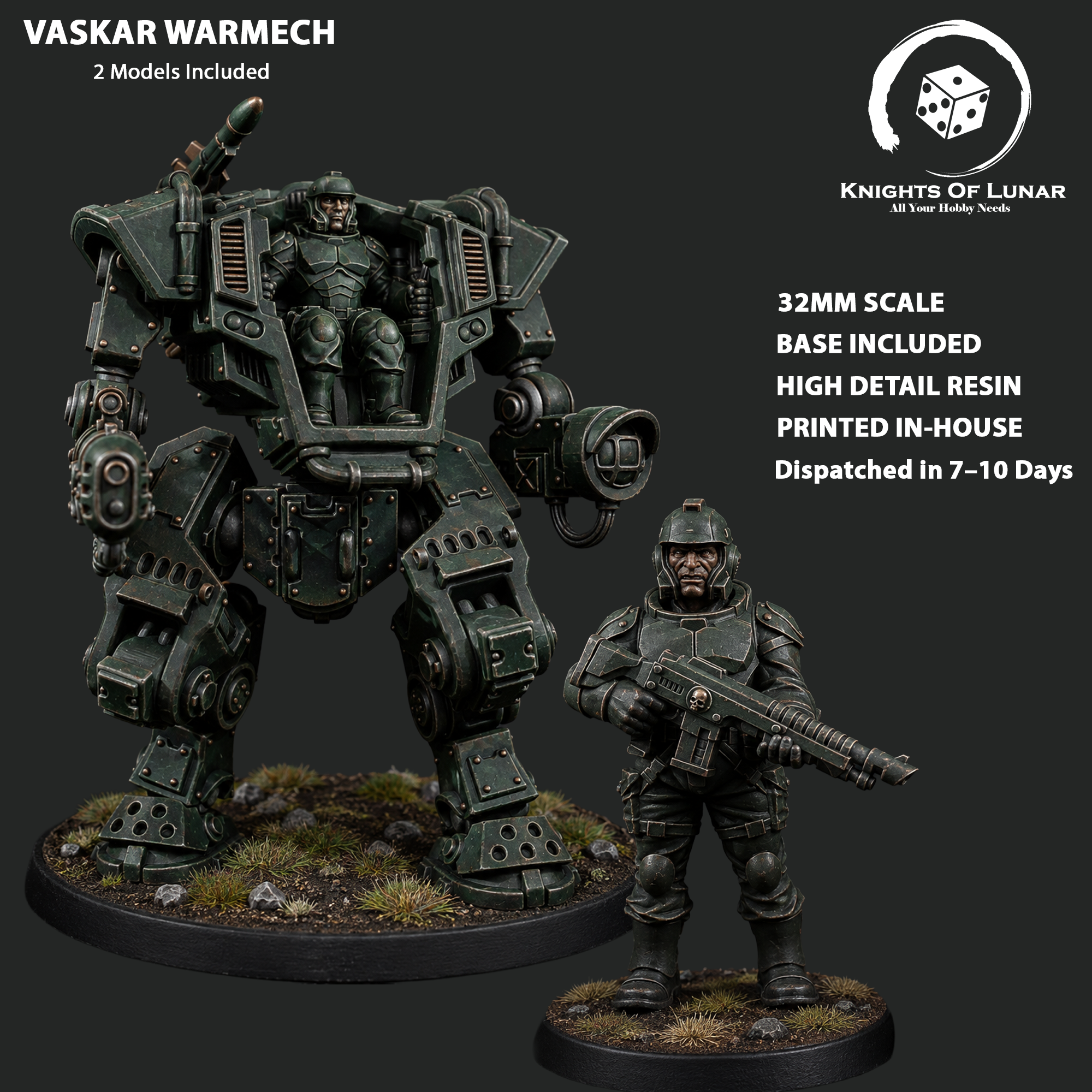 Vaskar Warmech 32mm Resin Miniatures – Grimdark Sci Fi Walker and Pilot for Wargaming