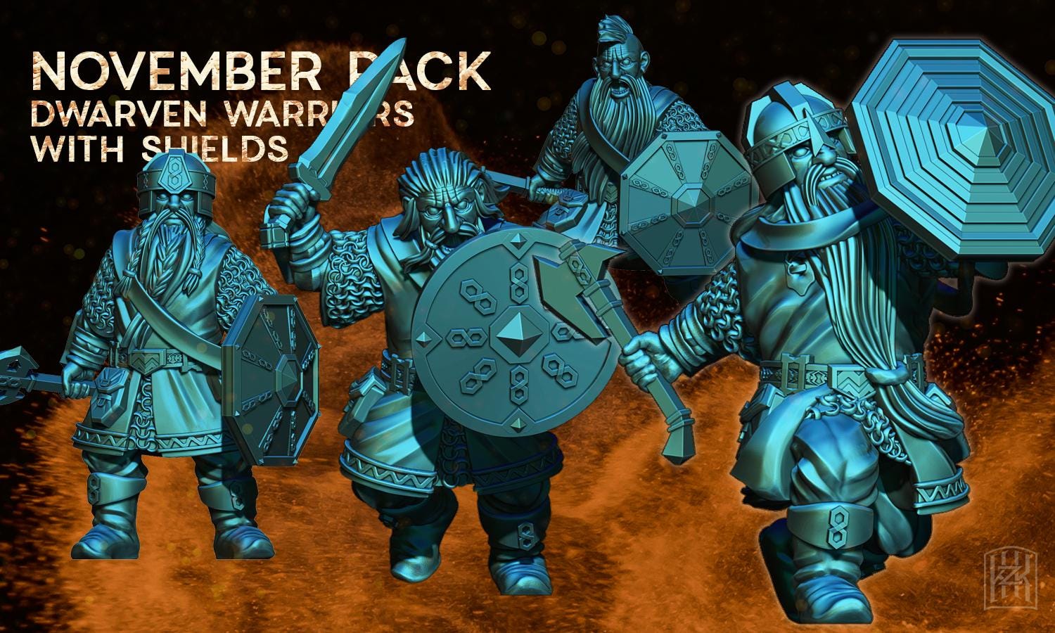 Exiled Dwarves warriors with shields 28mm miniatures fantasy dungeons and dragons miniature wargaming tabletop dnd dwarf army miniatures