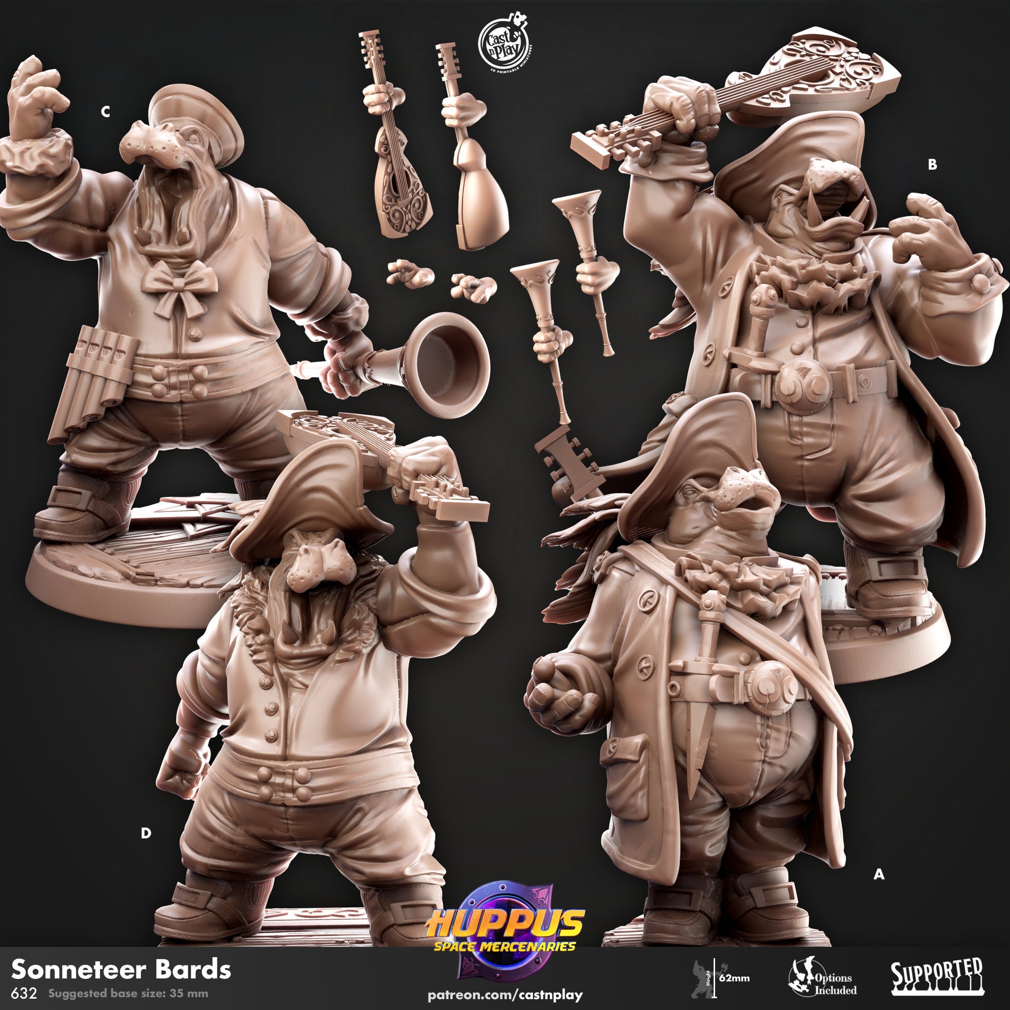 Hippo Sonneteer Bards Tabletop RPG Wargames Fantasy D&D AOS 32mm scale Miniature
